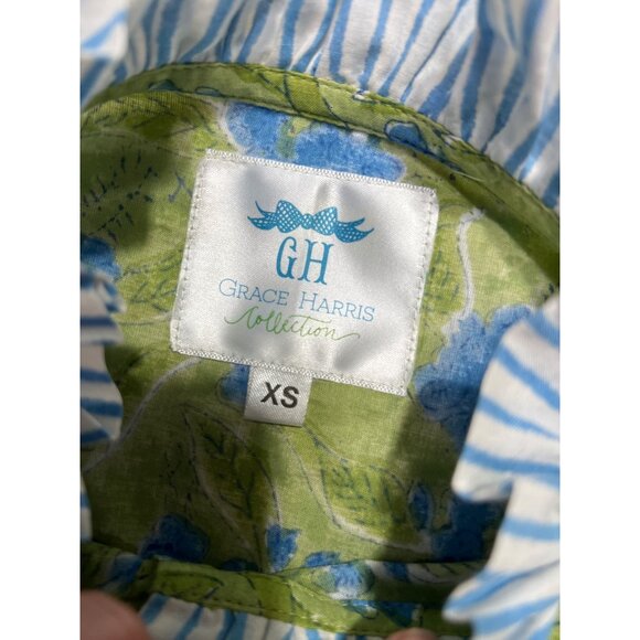 Grace Harris Collection Green Floral Long-Sleeve Dress With Blue Striped Ruffle - Picture 3 of 5